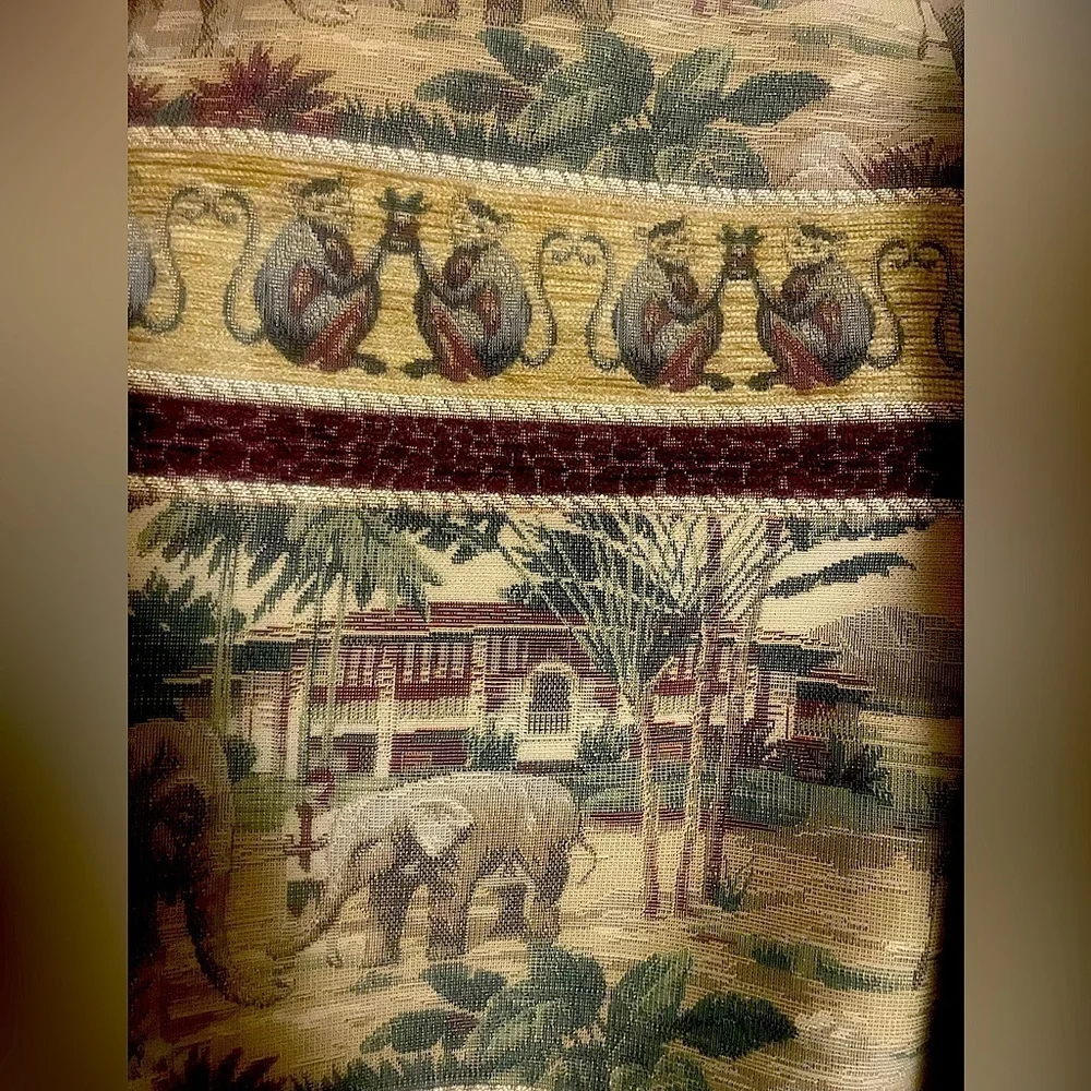 Vintage Chenille Monkeys & Elephants Heavy Tapestry Fabric in Green & Brown